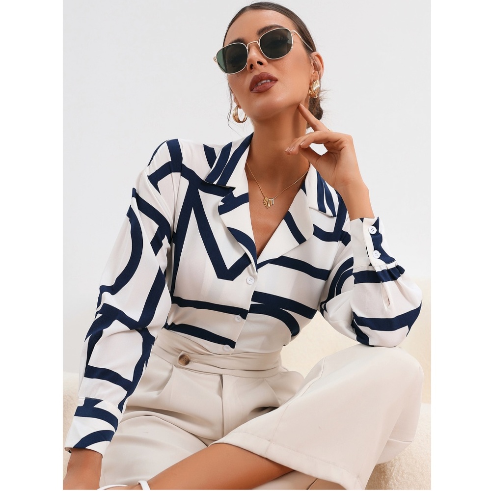 LAST CHANCE Geometric Print Blouse Buttoned Shirt White and Navy